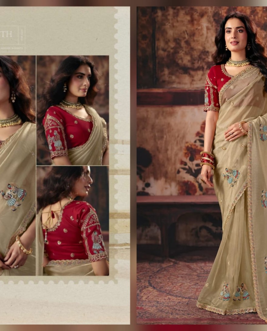 1010 - Beige & Red Designer Style Festive Wear Saree